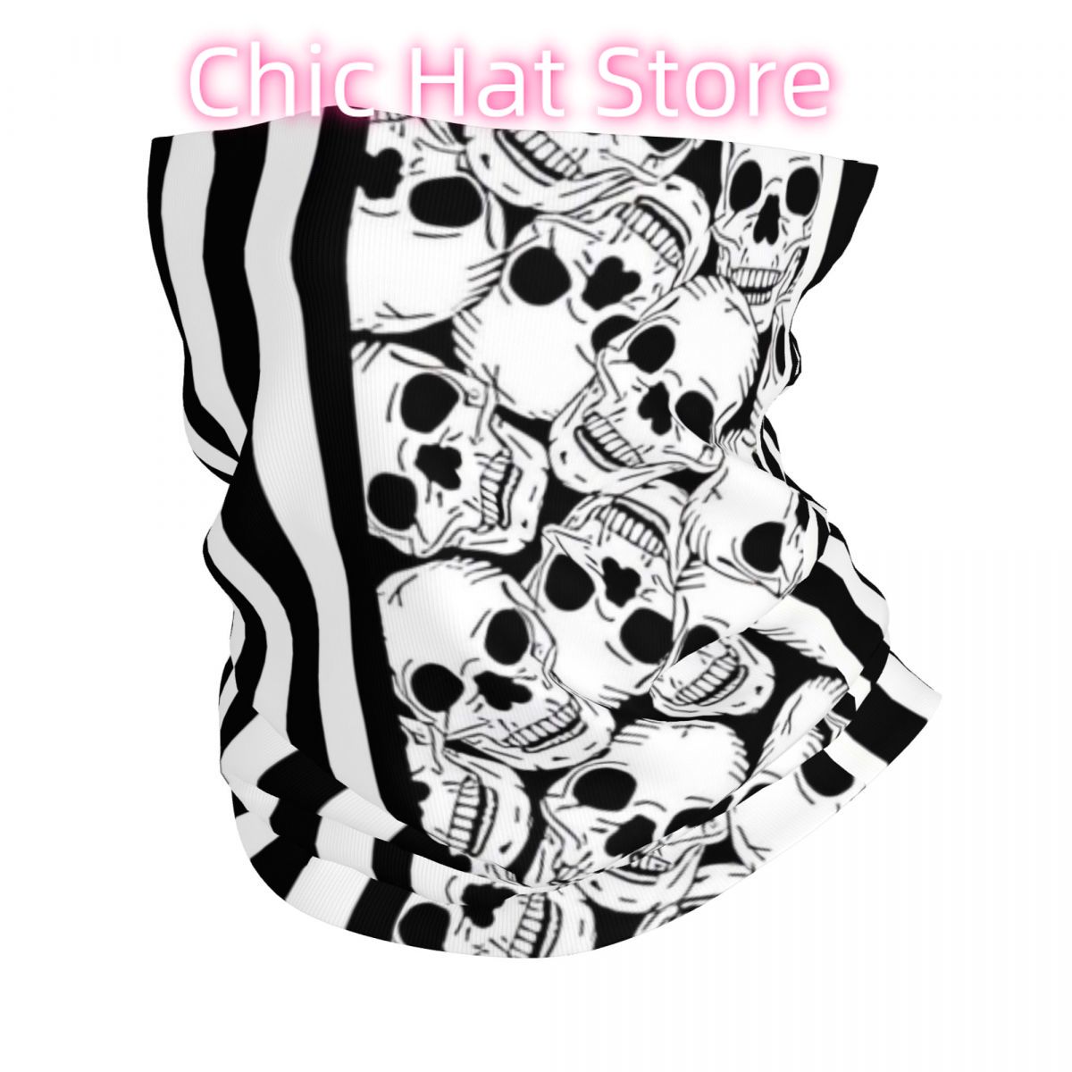 Neck Warmer Tube - Black And White Skulls And Stripes