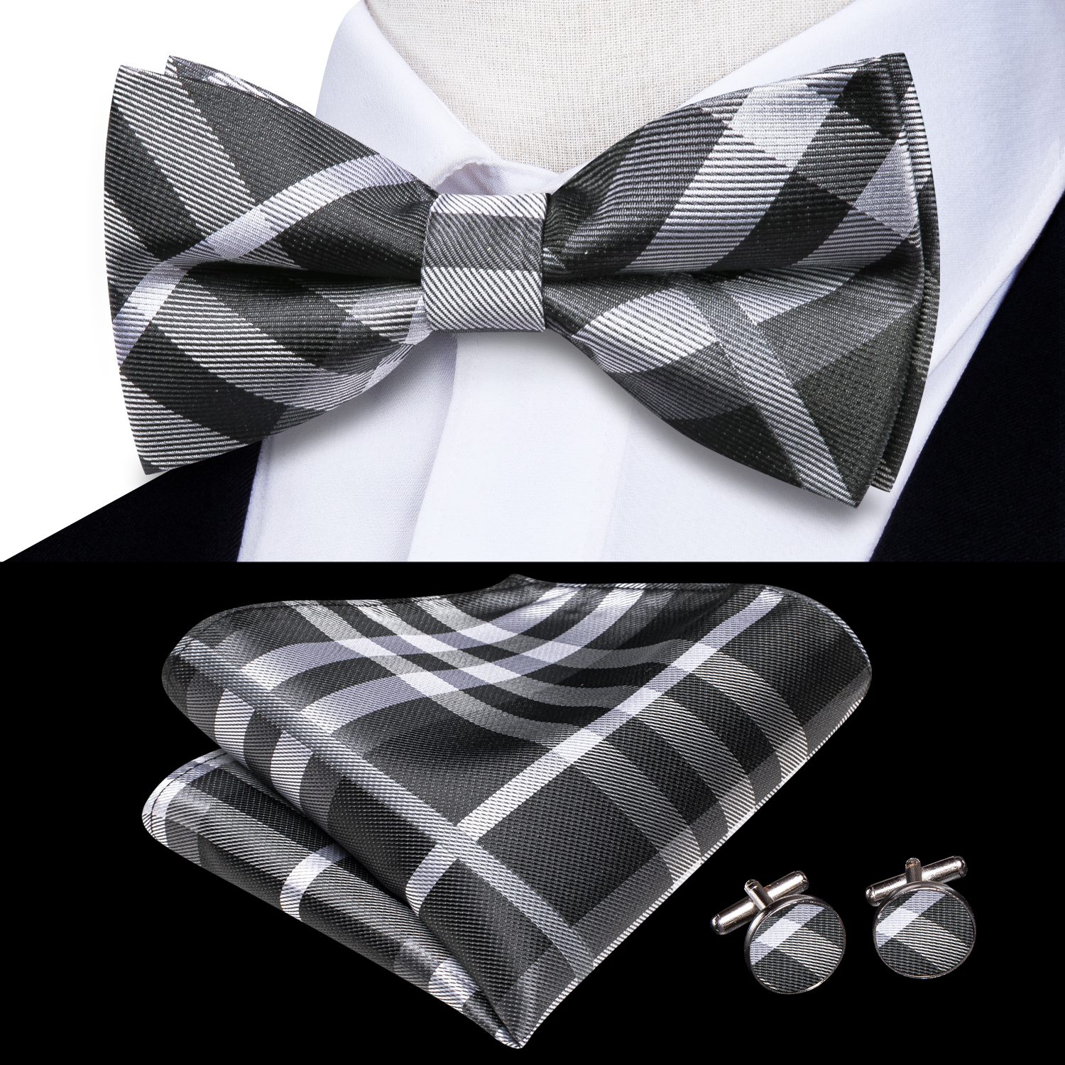Hi-Tie Grey Plaid Jacquard Pre - Bow Tie Pre Tied review and price