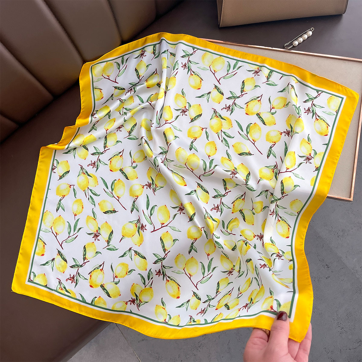 2025 New Yellow Lemon Print Sq - Ascot Neck Scarf review and price